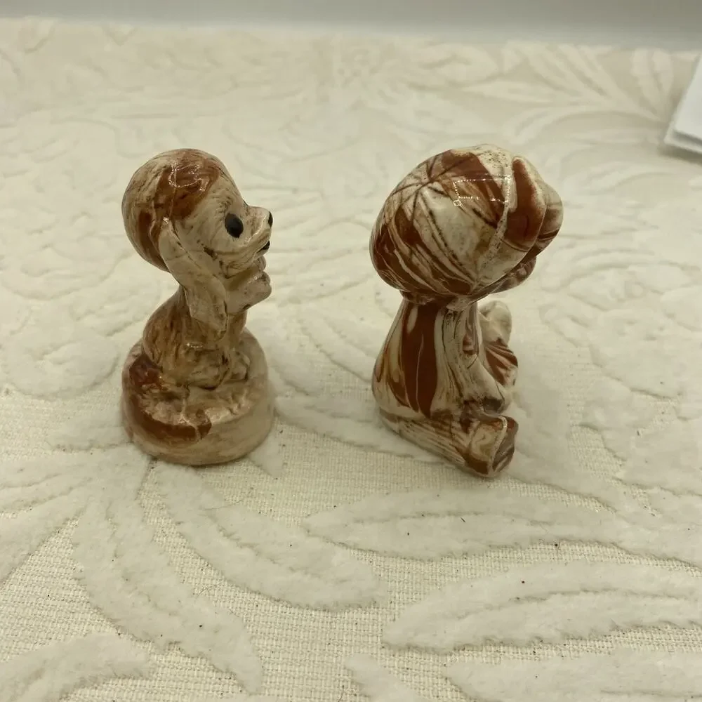 Handmade Glazed Boy with Little Dog Figurines Brown Swirl 2.5” Tall